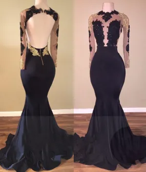 2024 Black Mermaid Backless Long Sleeves Prom Dresses