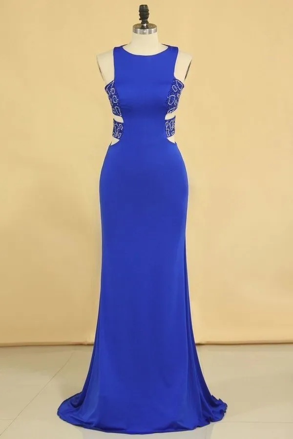 2024 Plus Size New Arrival Scoop Prom Dresses Dark Royal Blue Mermaid Spandex With Beading Sweep PT26YF58