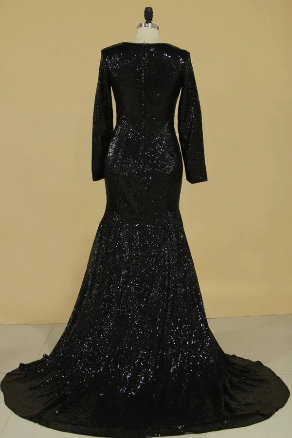 2024 Prom Dresses Scoop Long Sleeves Mermaid Sequins P3263CXM