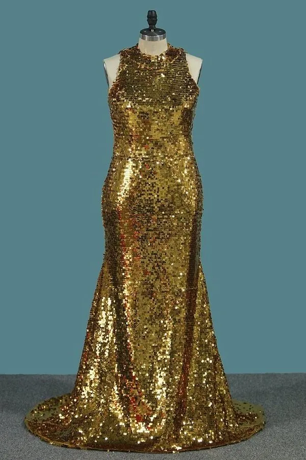 2024 Sequins Mermaid/Trumpet High Neck Prom Dresses Sweep/Brush PFMR9QC7