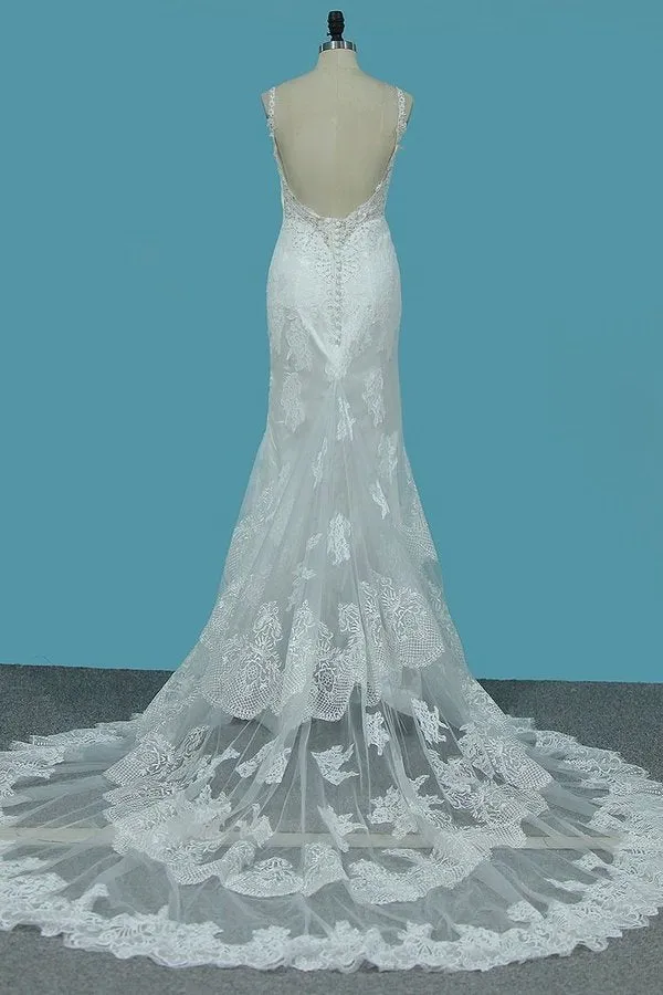 2024 Spaghetti Straps Mermaid Wedding Dresses Tulle With PPFA6RY3