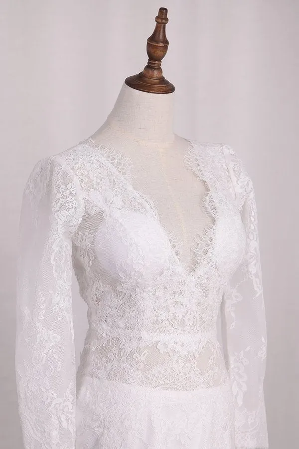 2024 V Neck Long Sleeves Lace Mermaid Wedding Dresses Open Back PAL9XDG5