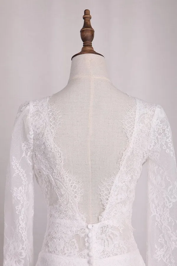 2024 V Neck Long Sleeves Lace Mermaid Wedding Dresses Open Back PAL9XDG5