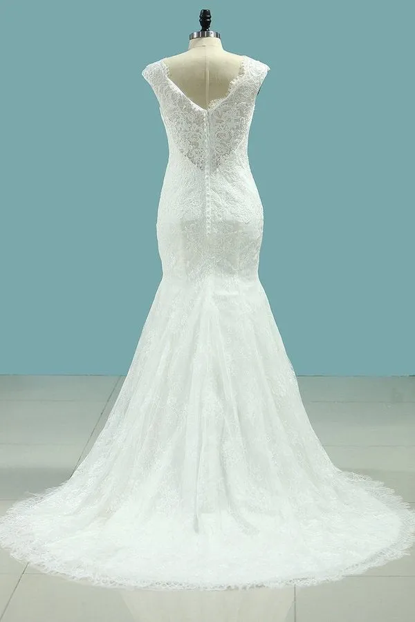 2024 V Neck Mermaid Wedding Dresses Lace With Applique PHLF6RNM