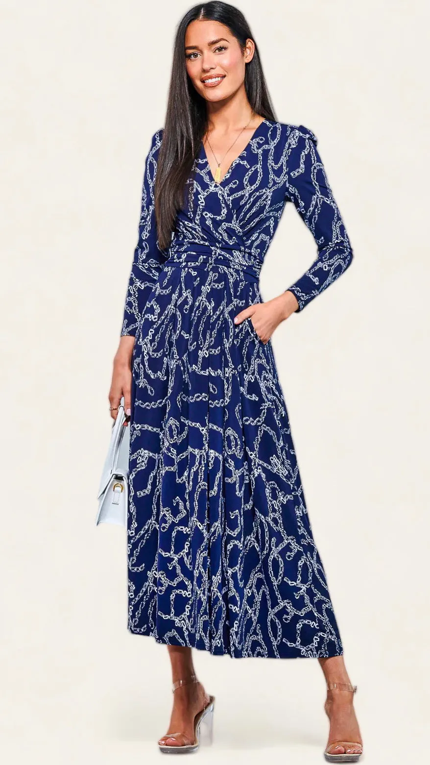 4-A1268 Navy Chain Print Midaxi Dress