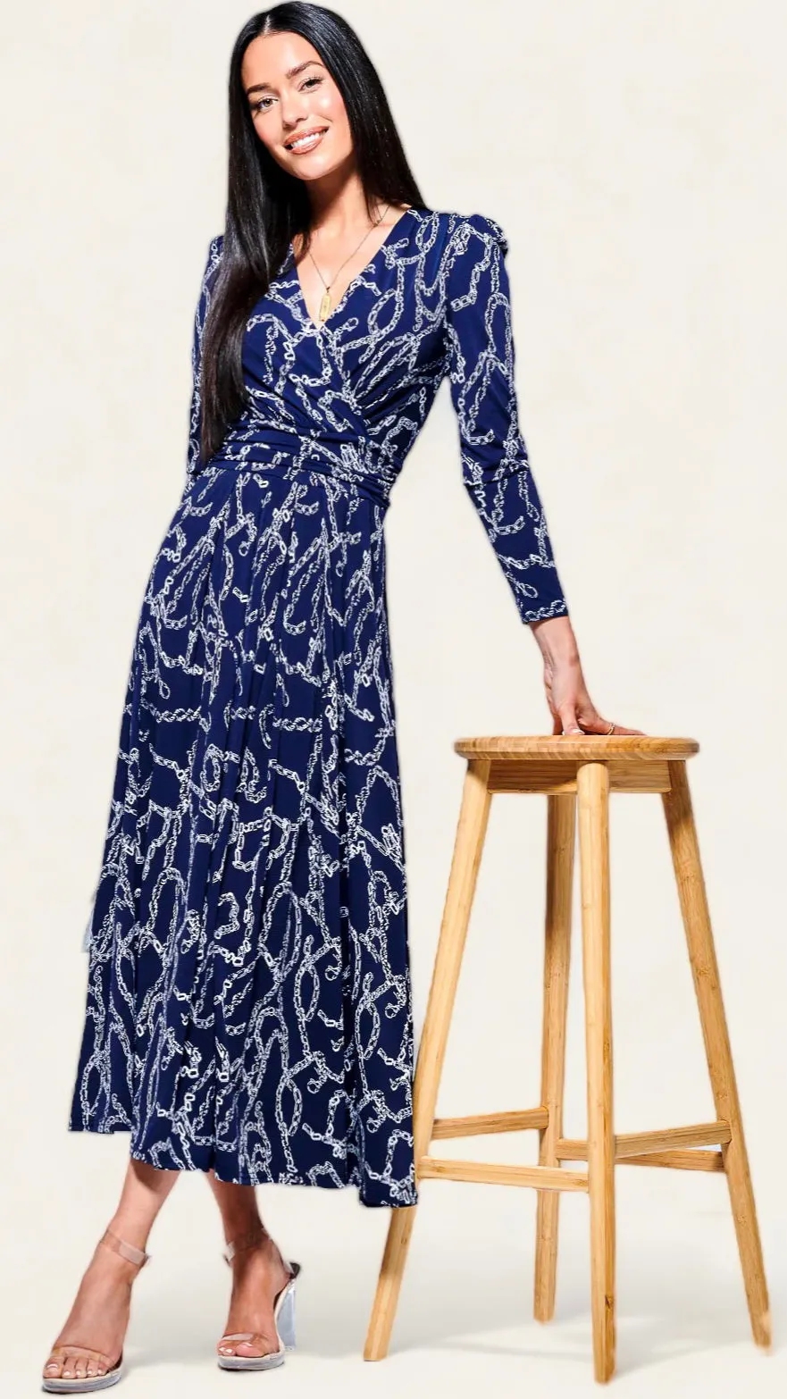 4-A1268 Navy Chain Print Midaxi Dress