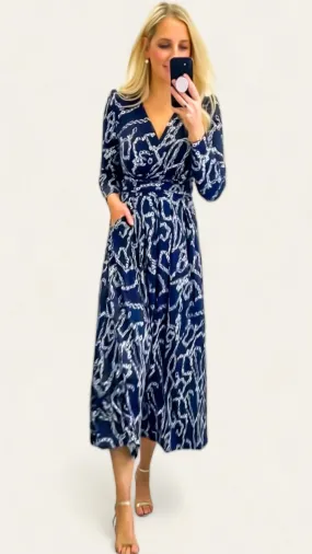 4-A1268 Navy Chain Print Midaxi Dress