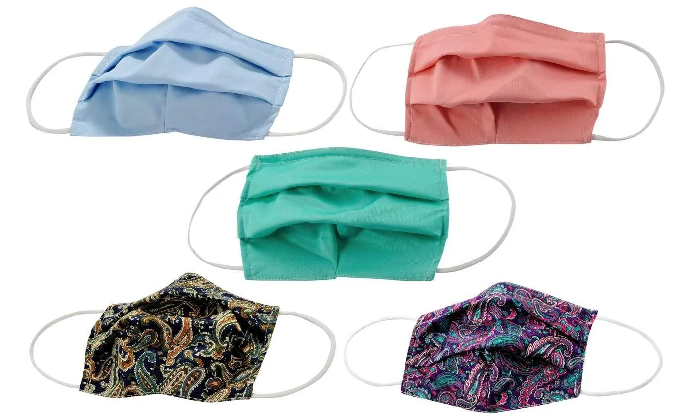 5-Pack Pleated Reusable Cotton Non-Medical Masks with Adjustable Nose Bridge