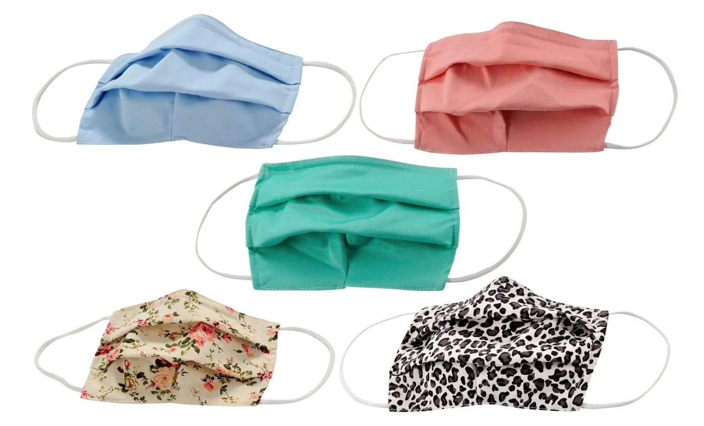 5-Pack Pleated Reusable Cotton Non-Medical Masks with Adjustable Nose Bridge