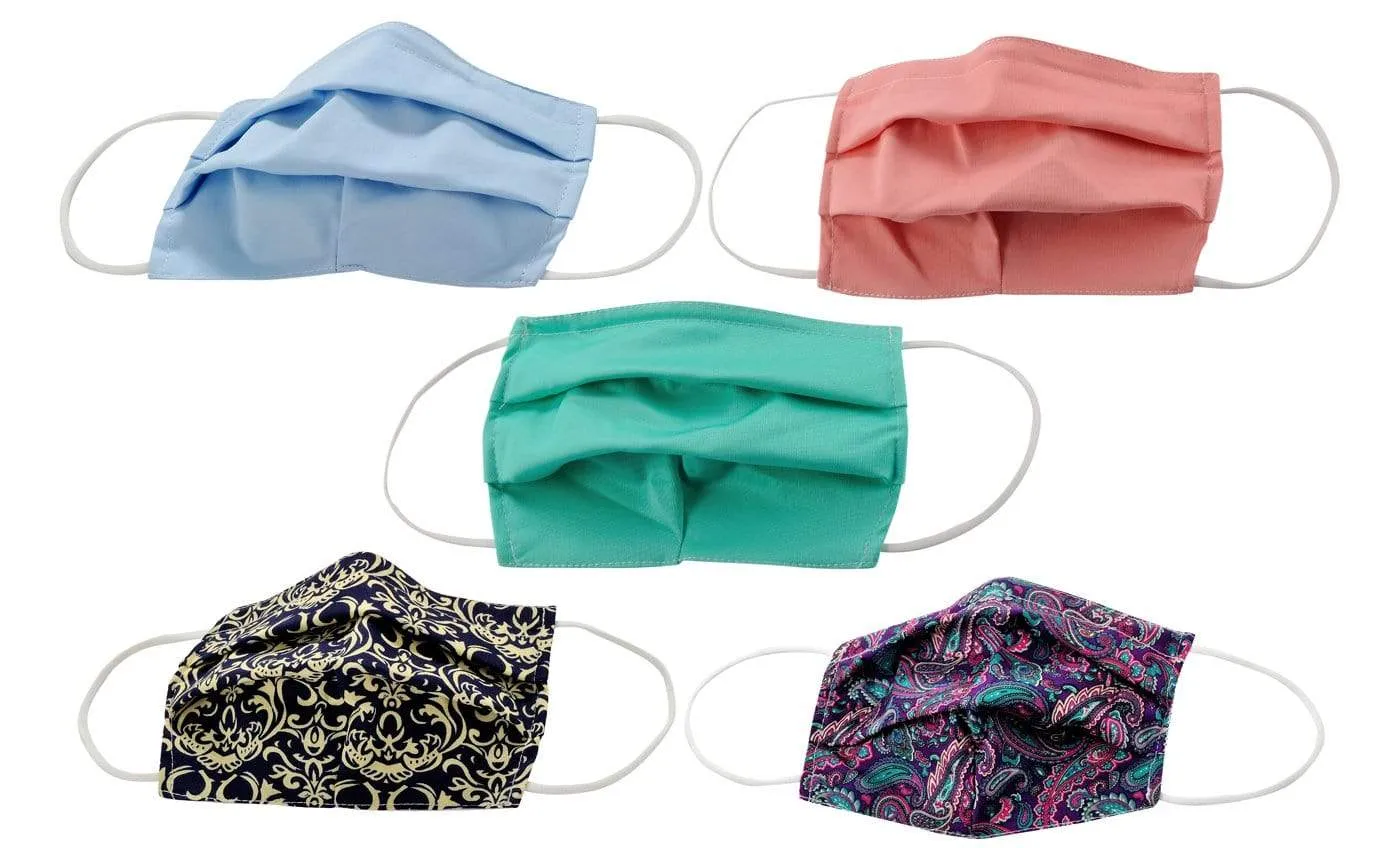 5-Pack Pleated Reusable Cotton Non-Medical Masks with Adjustable Nose Bridge