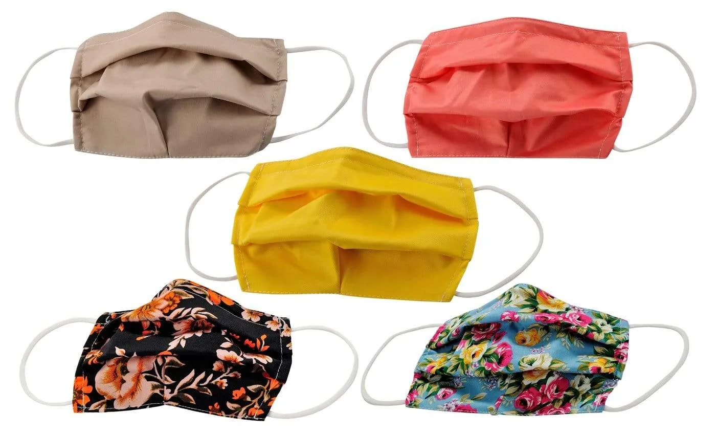 5-Pack Pleated Reusable Cotton Non-Medical Masks with Adjustable Nose Bridge