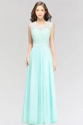 A-line Chiffon Lace Jewel Sleeveless Long Bridesmaid Dress with Ruffles