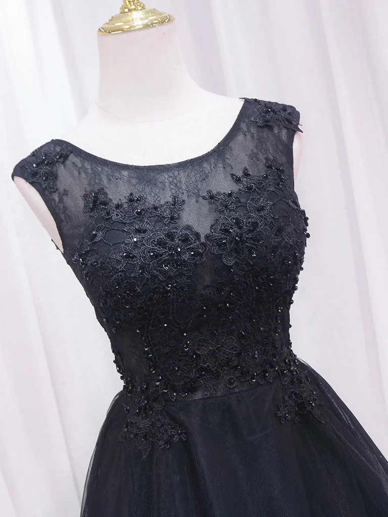 A-Line Lace Tulle Black Short Prom Dress, High Low Black Homecoming Dress