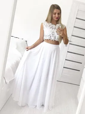 A Line Round Neck Two Pieces Lace White Prom Dresses, Round Neck Two Pieces Lace White Formal Graduation Evening Dresses, 2 Pieces White Lace Bridesmaid Dresses