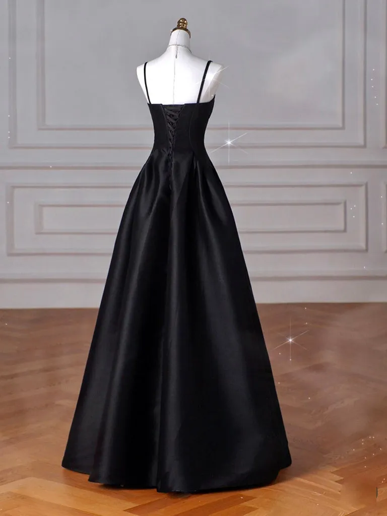 A-Line  Satin Black Long Prom Dress, Black Long Evening Dress