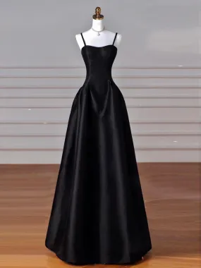 A-Line  Satin Black Long Prom Dress, Black Long Evening Dress