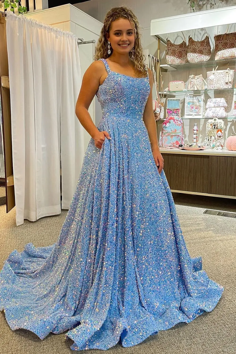 A Line Square Neck Light Blue Sequins Long Prom Dress