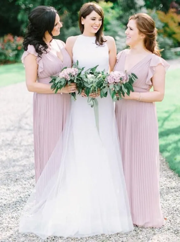 A-Line V-Neck Pleated Lilac Chiffon Long Bridesmaid Dress