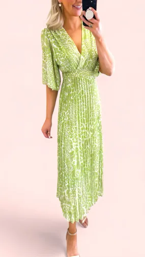 A1649 Lime Print Pleat Dress