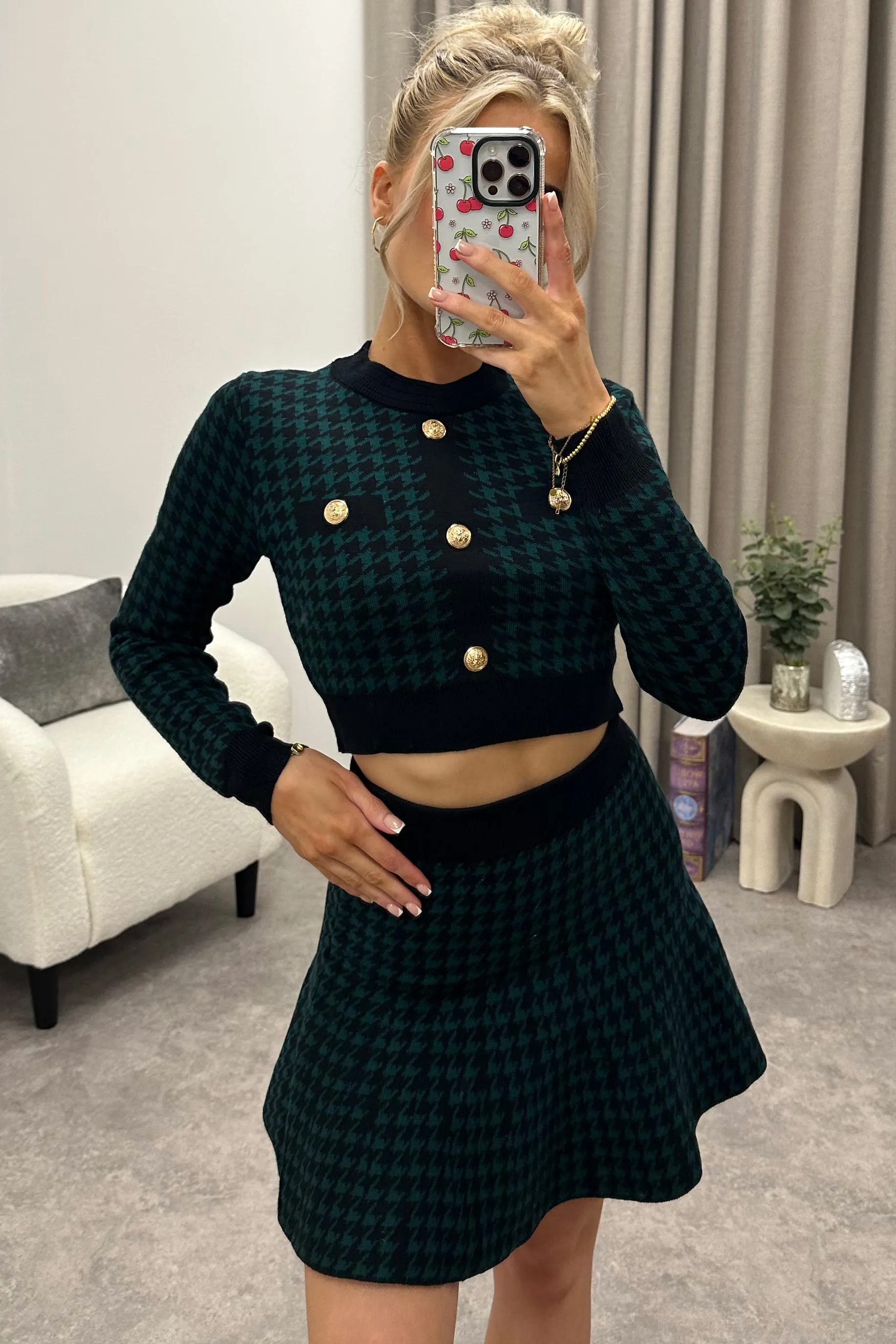 Amiee Black and Green Houndstooth Crop Top and Skirt Co-Ord Set