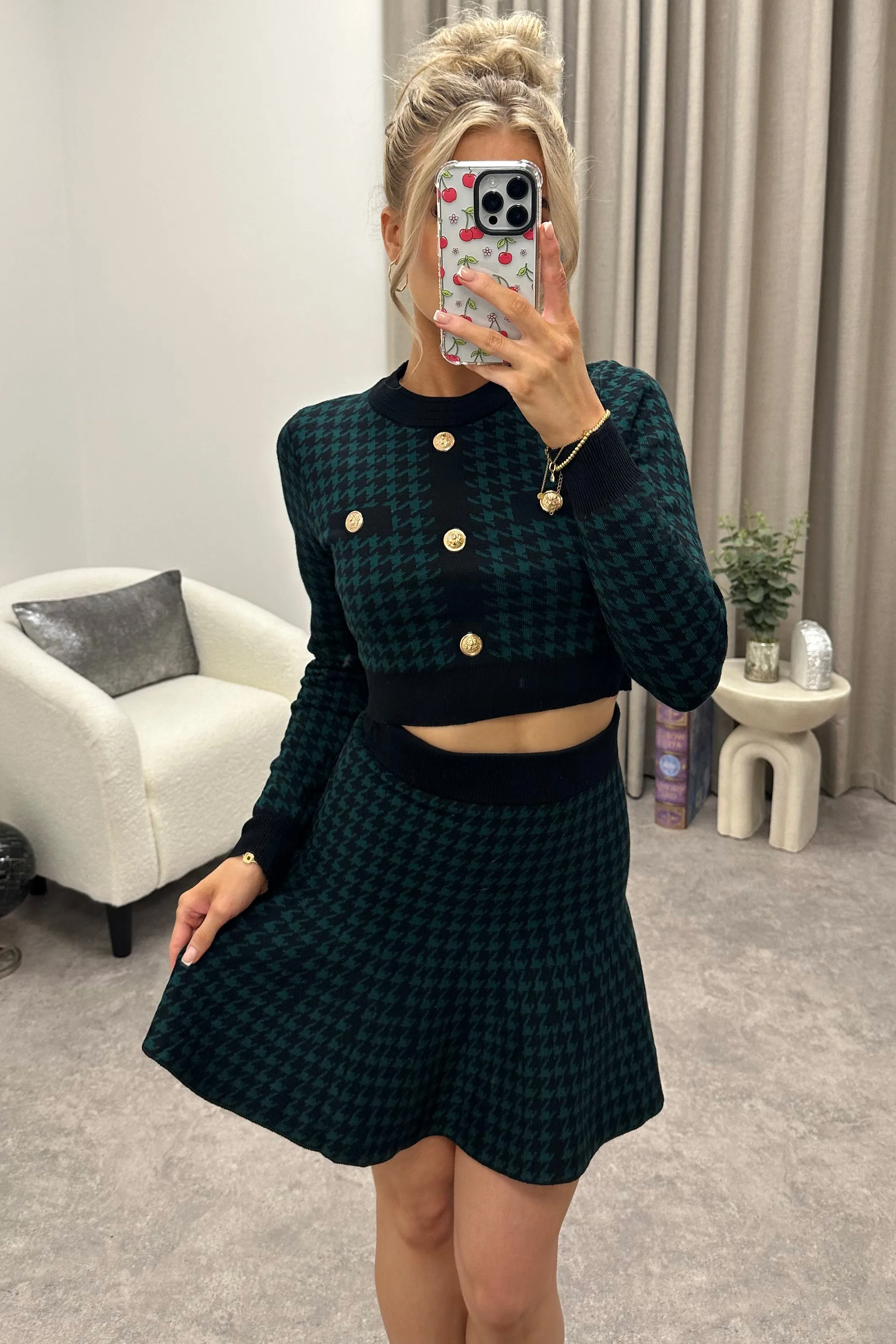 Amiee Black and Green Houndstooth Crop Top and Skirt Co-Ord Set