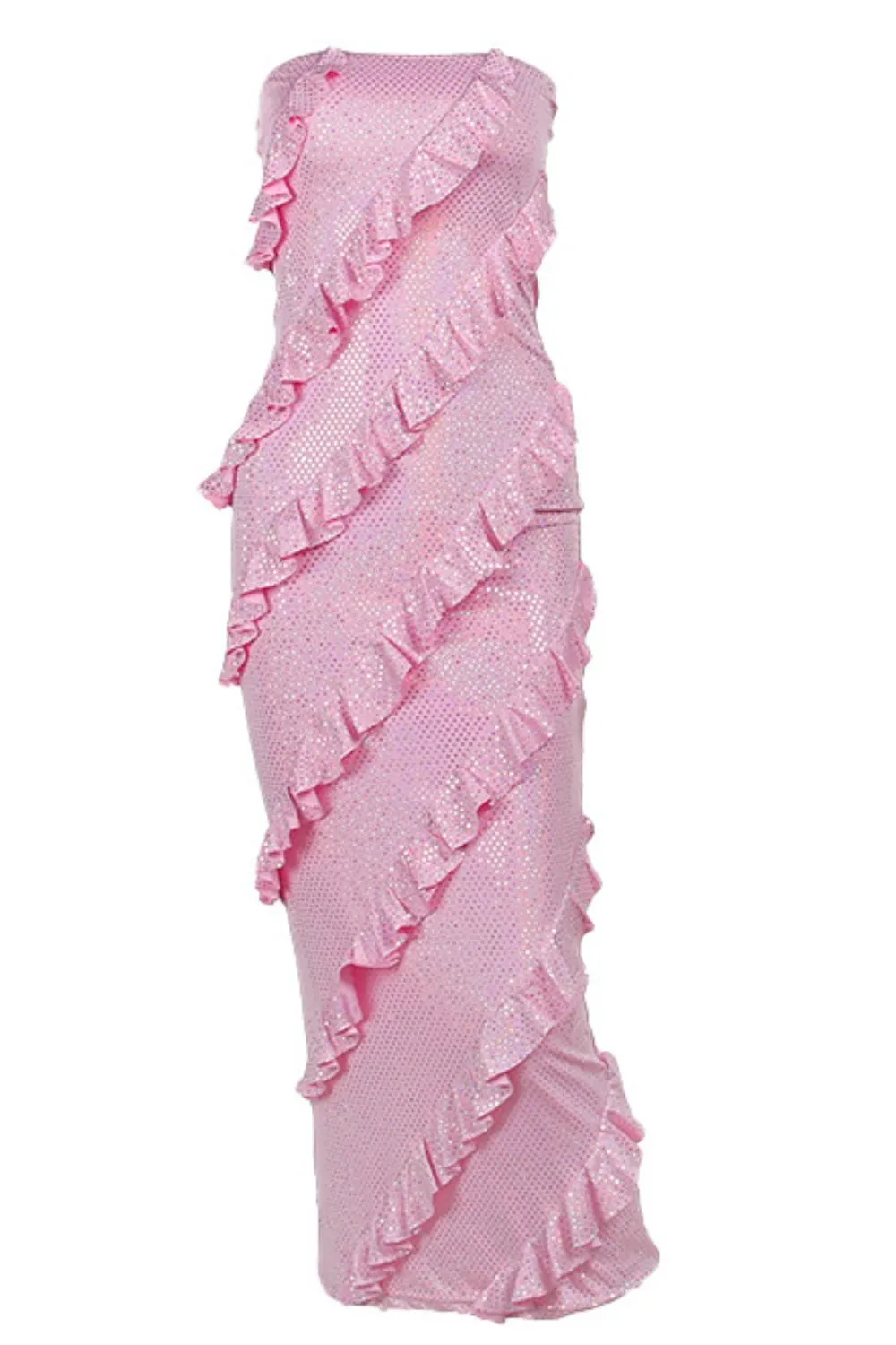 Beach Wedding Guest Attire: Women's Sequin-Adorned Ruffled Dress with Straight Across Neckline