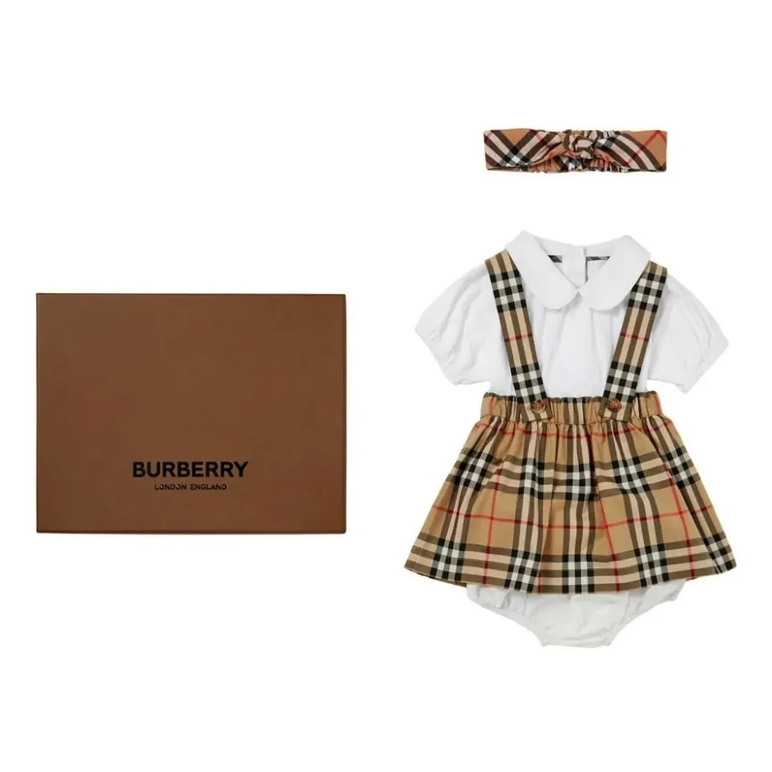 Beige Check Cotton Skirt Set