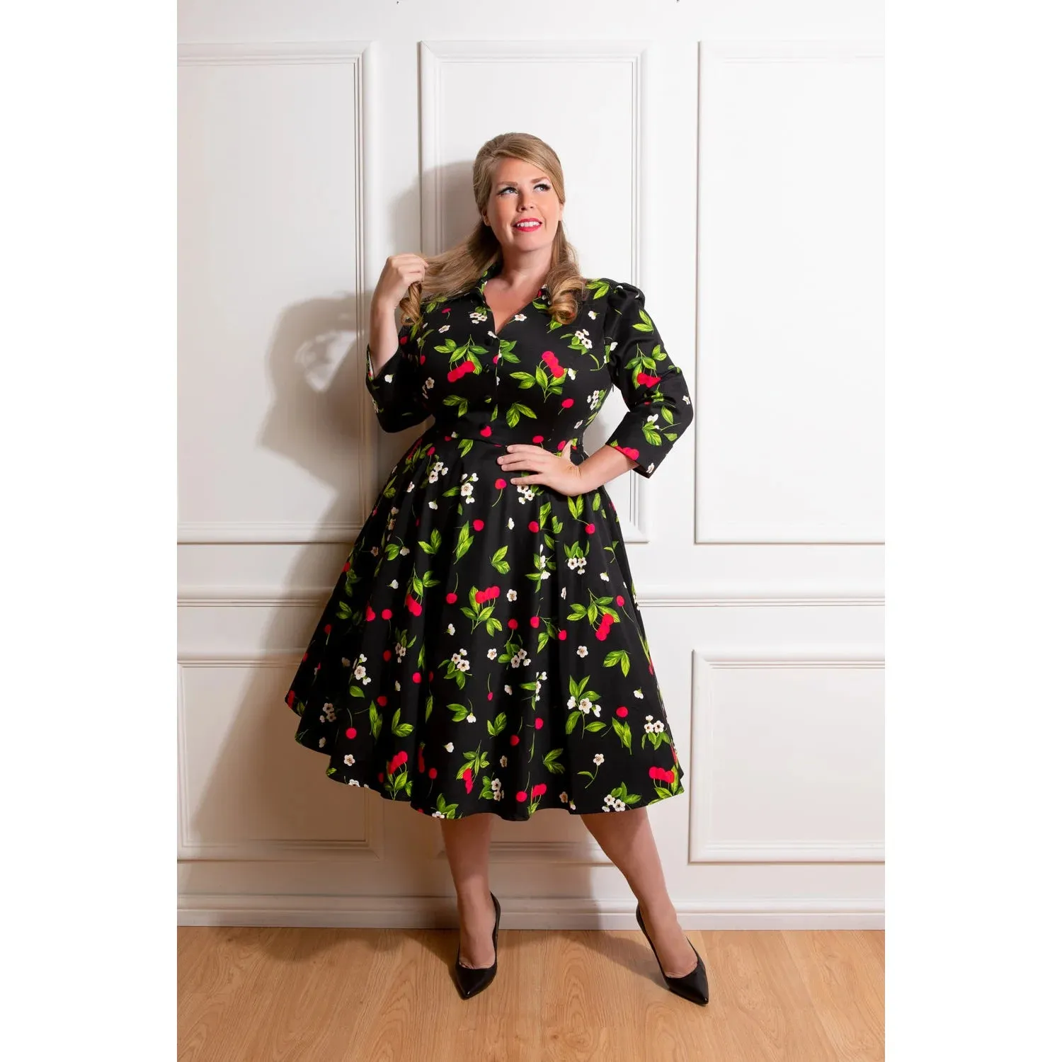 Black & Red Cherry Print Collared V Neck Rockabilly 50s Swing Dress w/ Pockets