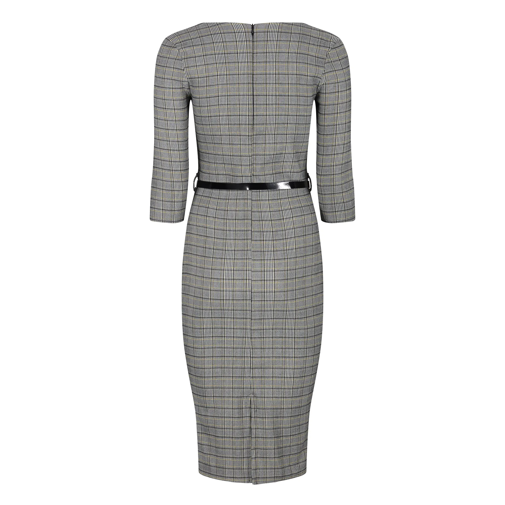 Black & White Check Tartan Vintage Belted 3/4 Sleeve Pencil Dress