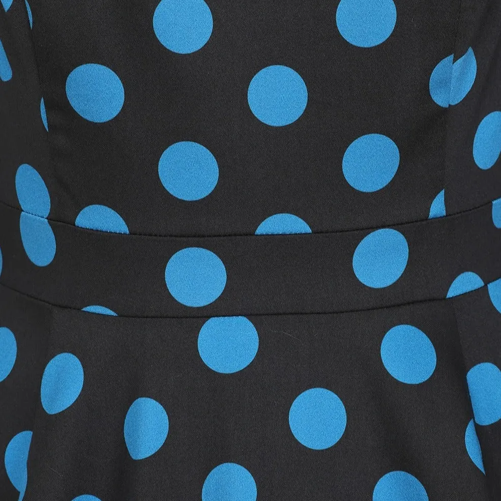 Black And Blue Polka Dot Vintage 50s 3/4 Sleeve Swing Tea Dress