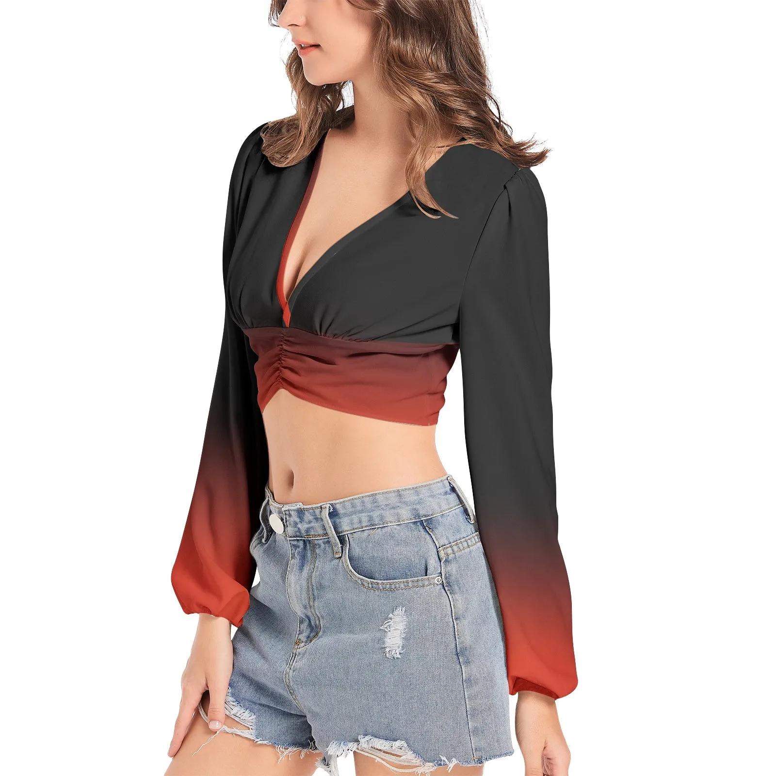 Black and Red Ombre Women's Deep V-Neck Lantern Sleeve Crop Top