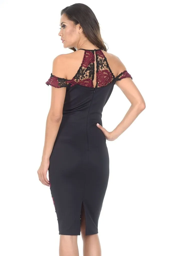 Black and Wine Embroidered Frill Midi Dress