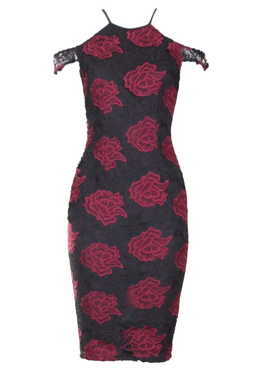 Black and Wine Embroidered Frill Midi Dress