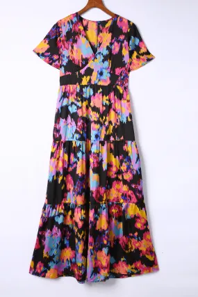 Black Colourful V-Neck Maxi Dress