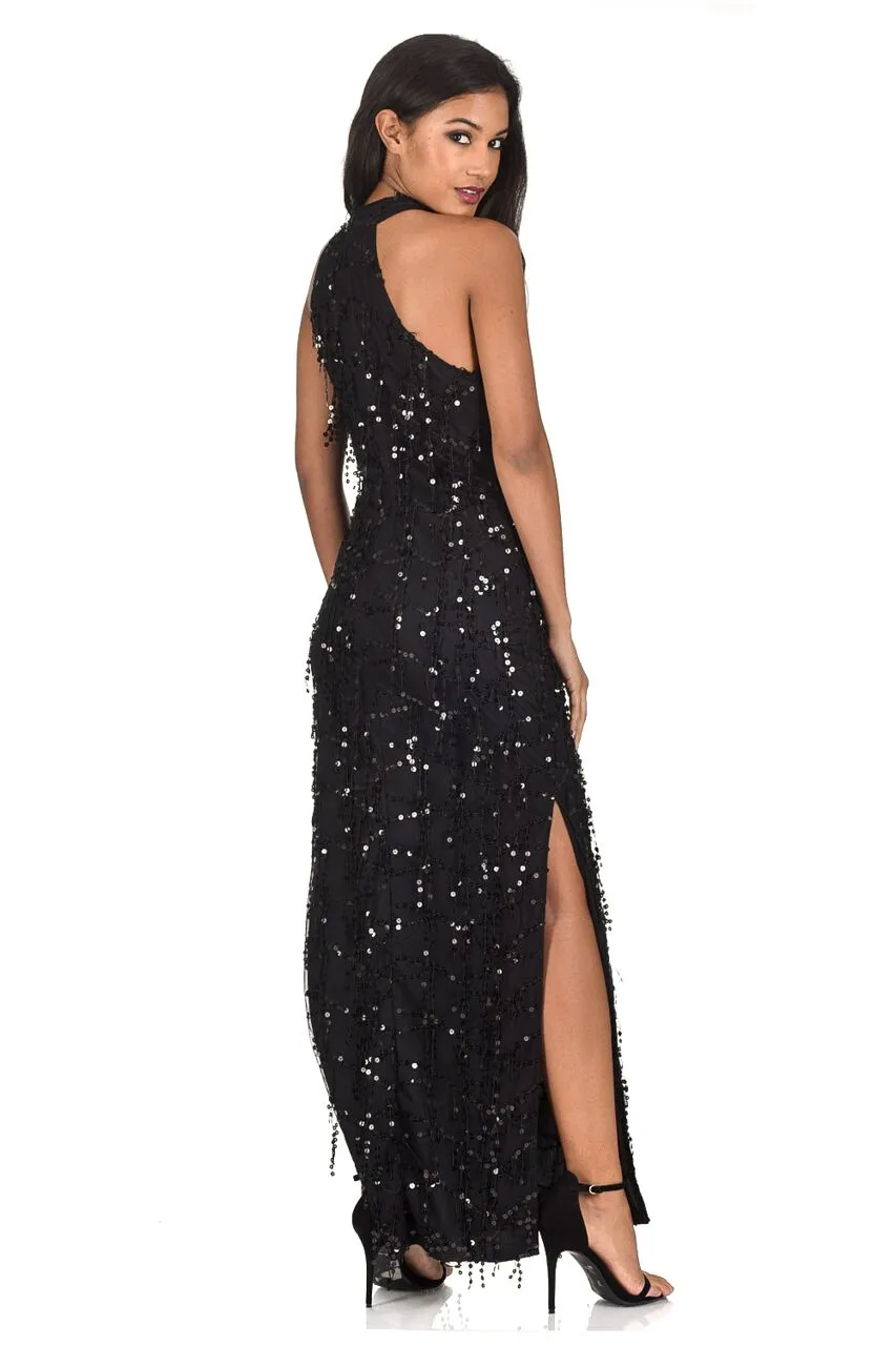 Black Cut In Neck Sequin Maxi Dress