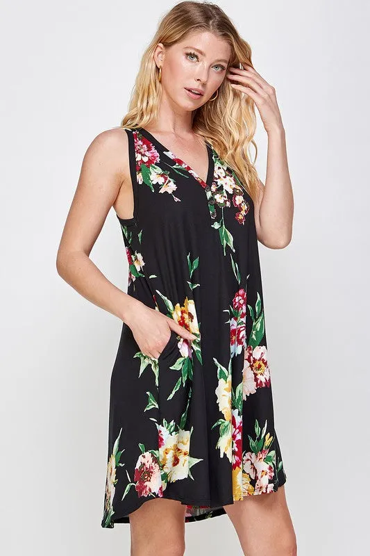 Black Floral Button Dress