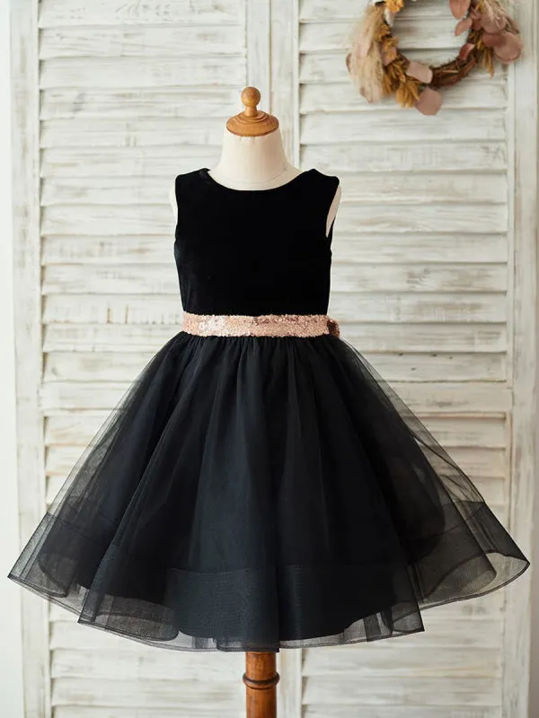 Black Formal Kids Party Dresses Flower Girl Dresses Sleeveless Jewel Neck