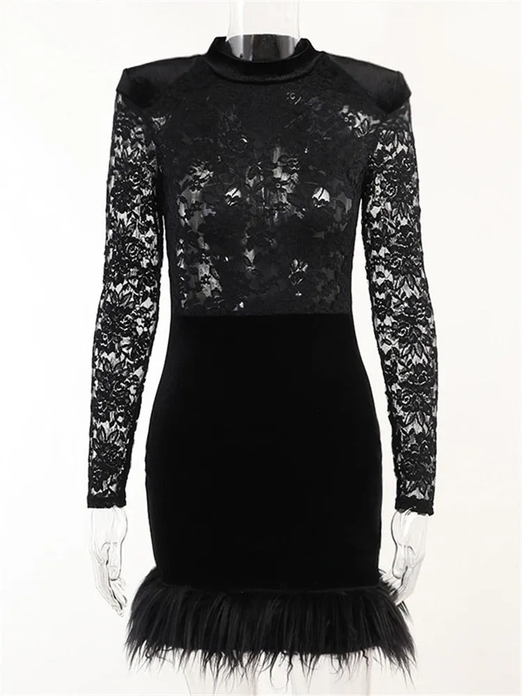 Black Lace Feather Patchwork Mini Dress