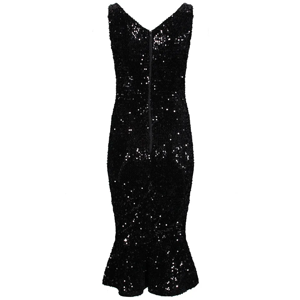 Black Sequin Sleeveless Peplum Hem Bodycon Wiggle Party Dress