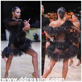 Black Transparent Latin Dress with Feathers