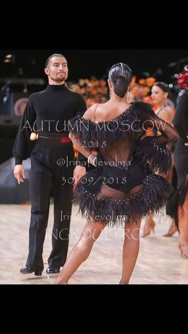 Black Transparent Latin Dress with Feathers