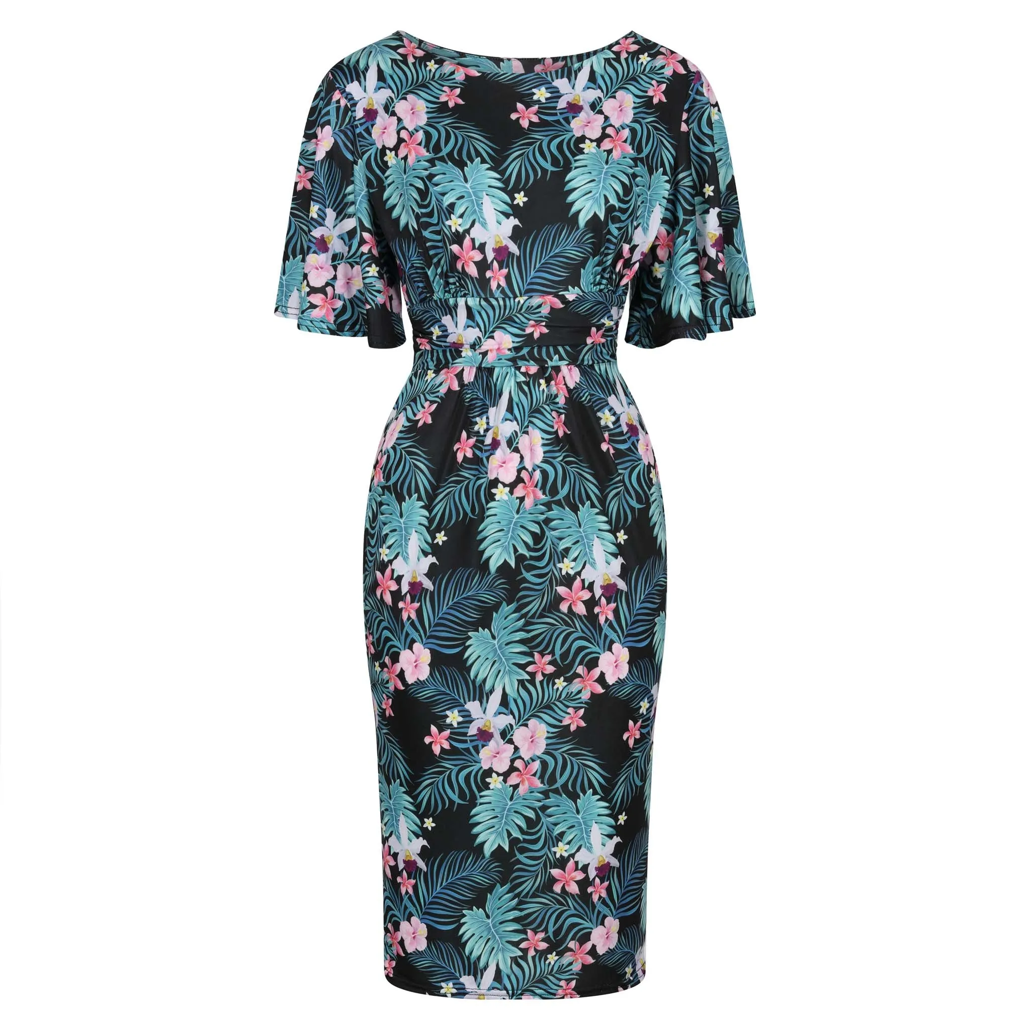 Black Tropical Floral Print Waterfall Sleeve Bodycon Pencil Dress