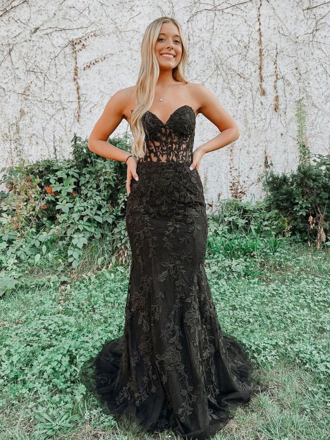 Black tulle lace mermaid long prom dress, black tulle lace evening dress