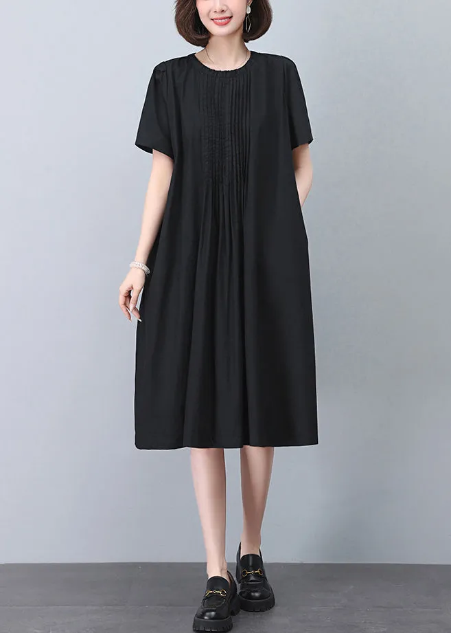 Black Wrinkled Cotton Dresses O Neck Short Sleeve MN040