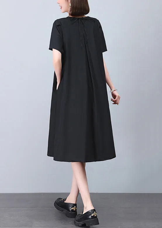 Black Wrinkled Cotton Dresses O Neck Short Sleeve MN040