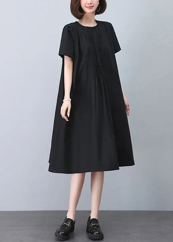 Black Wrinkled Cotton Dresses O Neck Short Sleeve MN040