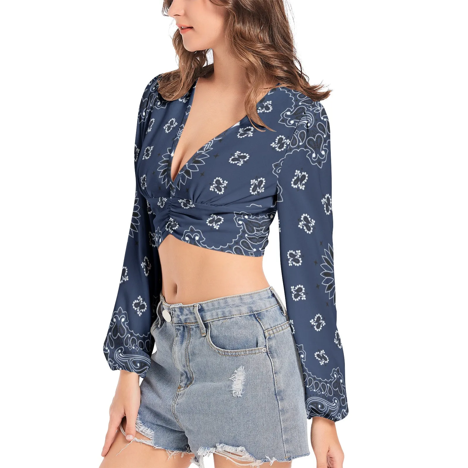 Blue Bandana  Women's Deep V-Neck Lantern Sleeve Crop Top