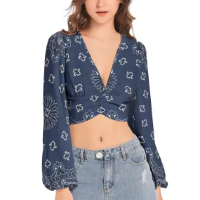 Blue Bandana  Women's Deep V-Neck Lantern Sleeve Crop Top