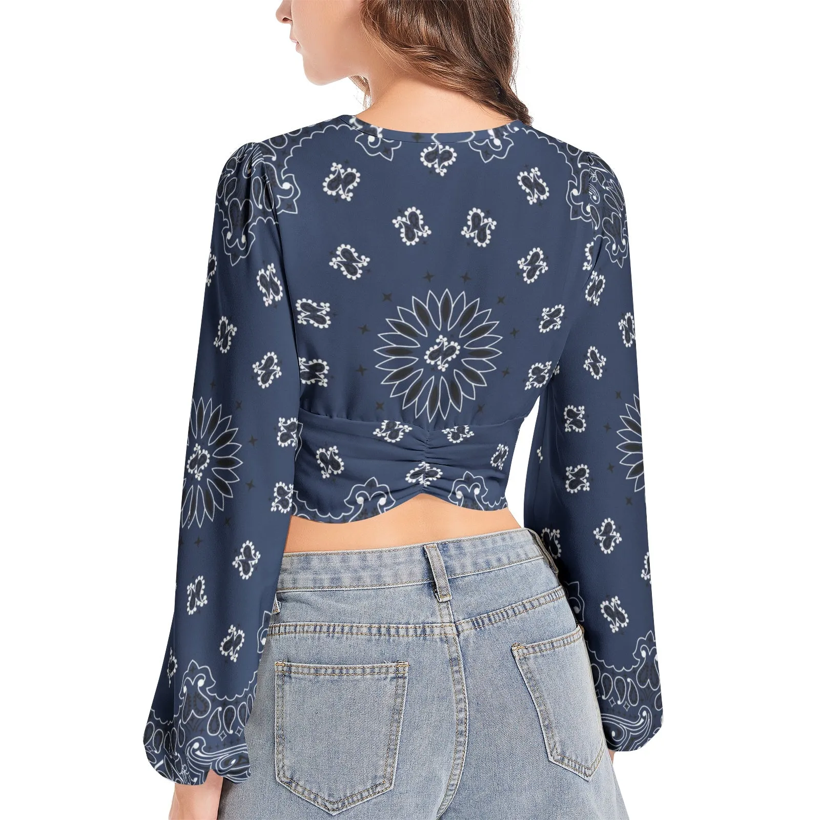 Blue Bandana  Women's Deep V-Neck Lantern Sleeve Crop Top