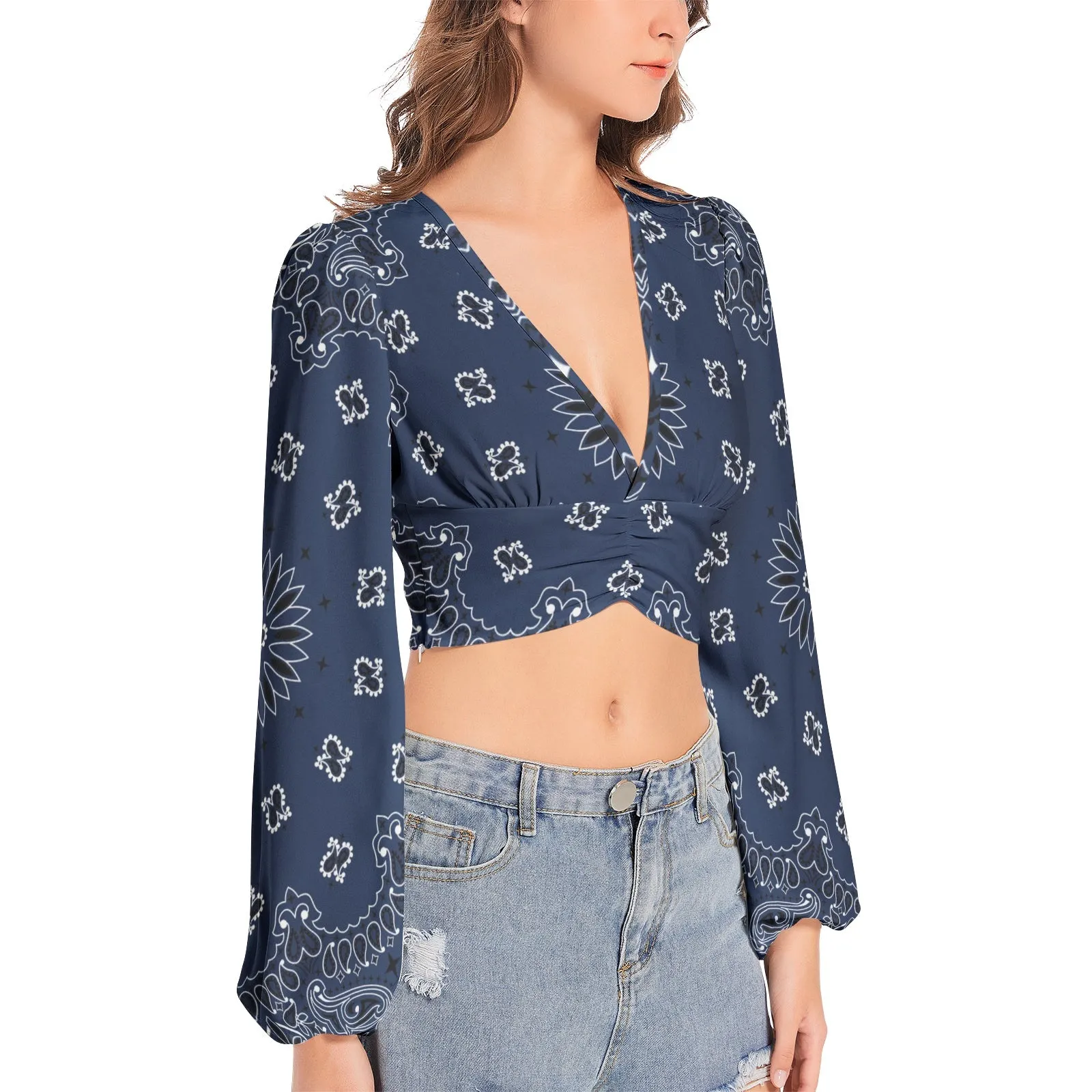 Blue Bandana  Women's Deep V-Neck Lantern Sleeve Crop Top